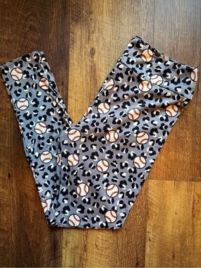 LuLaRoe Grey Baseball & Leopard Print Leggings with Cream Baseball Accents